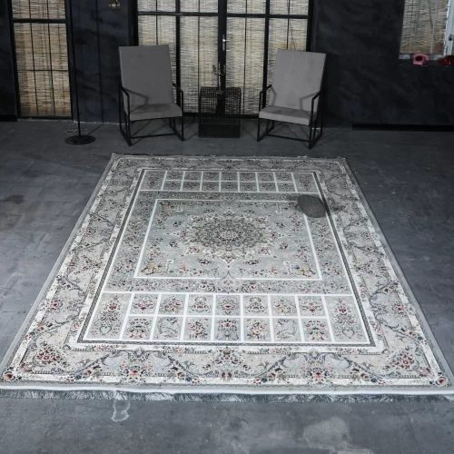 فرش ماشینی 1200 شانه تراکم 3600 گل برجسته طرح شور انگیز نقره ای