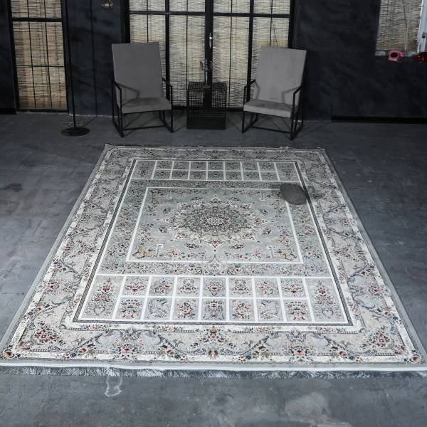 فرش ماشینی 1200 شانه تراکم 3600 گل برجسته طرح شور انگیز نقره ای