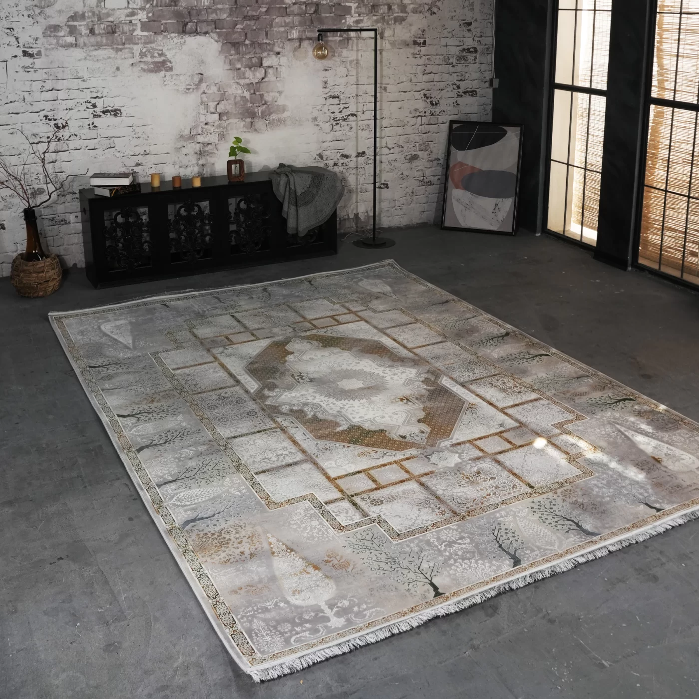 فرش ماشینی 1200 شانه تراکم 3600 گل برجسته طرح سپیدار بژ