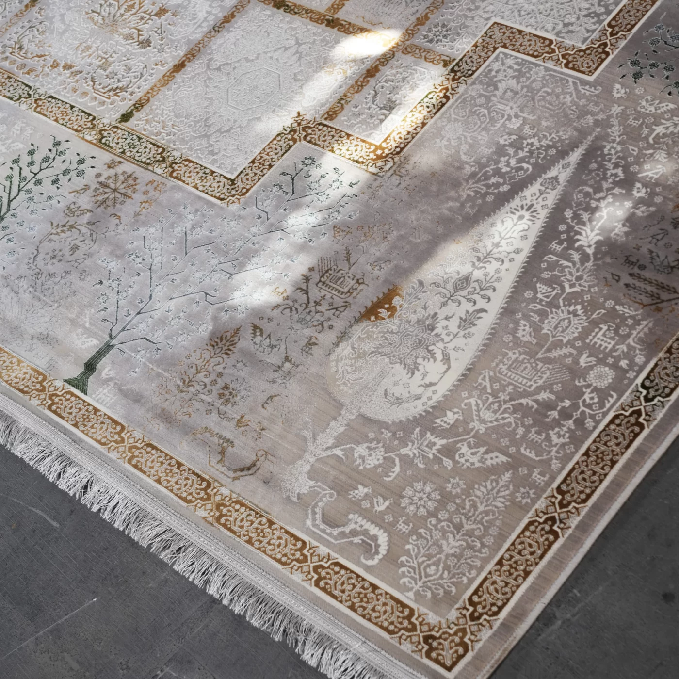 فرش ماشینی 1200 شانه تراکم 3600 گل برجسته طرح سپیدار بژ