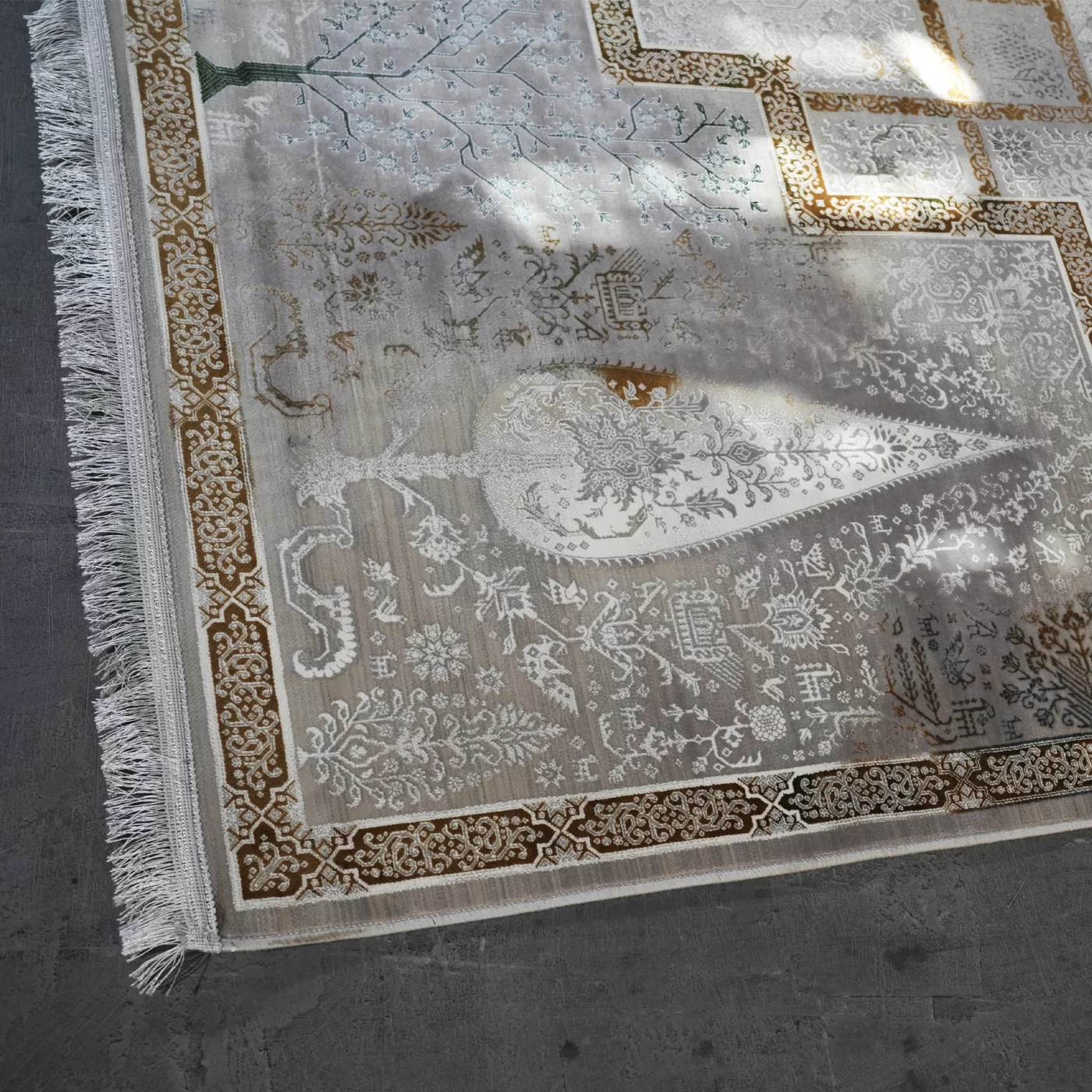 فرش ماشینی 1200 شانه تراکم 3600 گل برجسته طرح سپیدار بژ