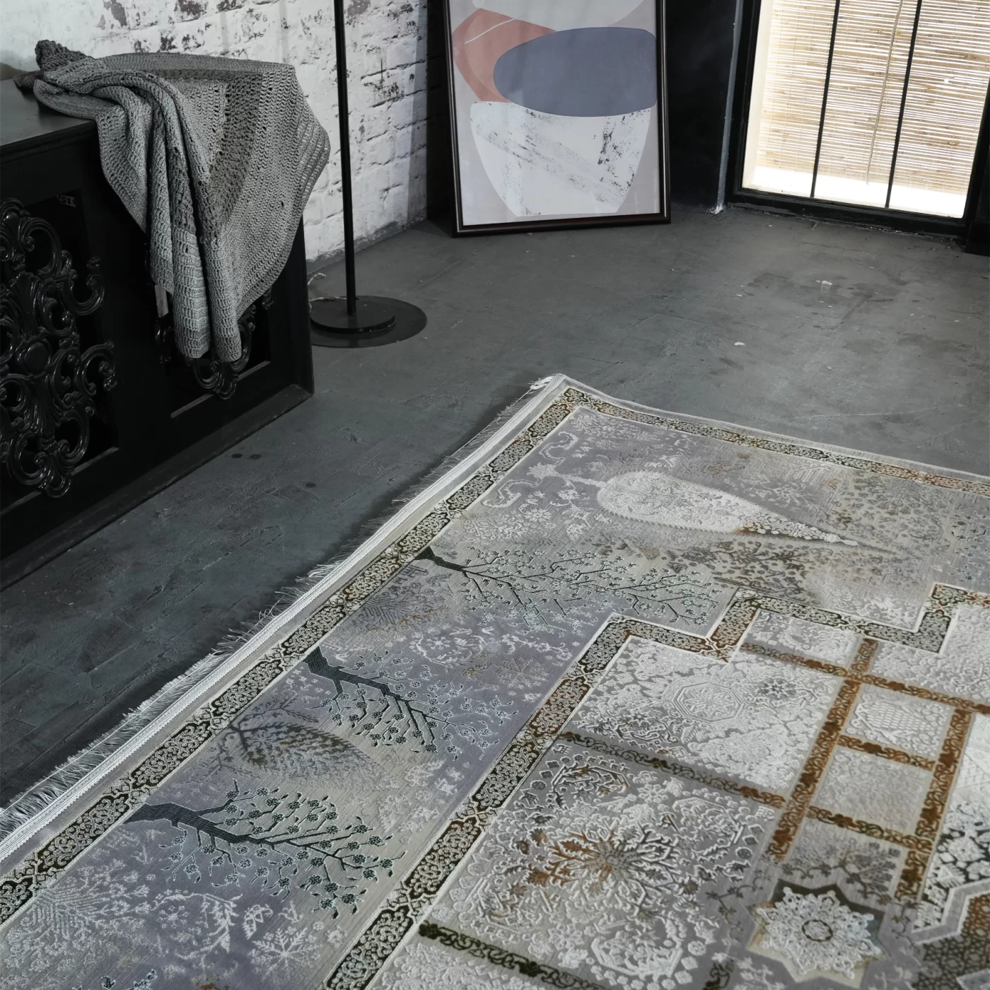 فرش ماشینی 1200 شانه تراکم 3600 گل برجسته طرح سپیدار بژ