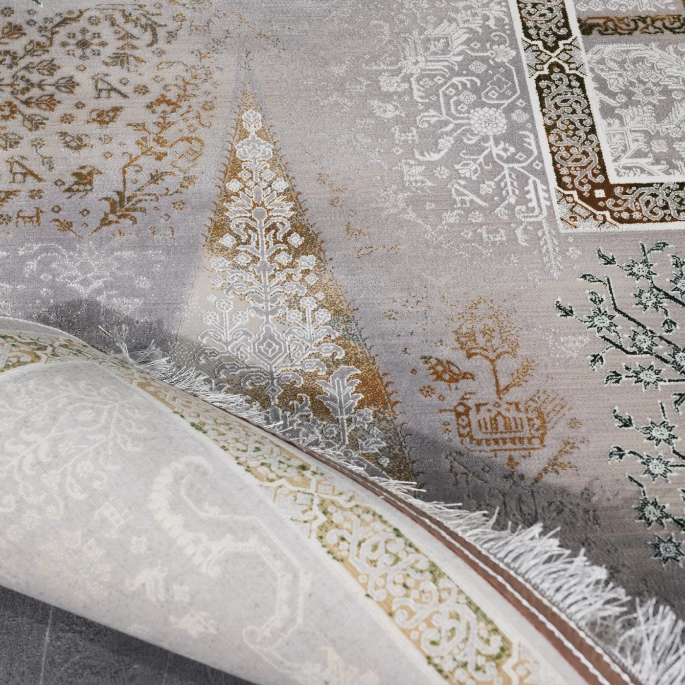 فرش ماشینی 1200 شانه تراکم 3600 گل برجسته طرح سپیدار بژ