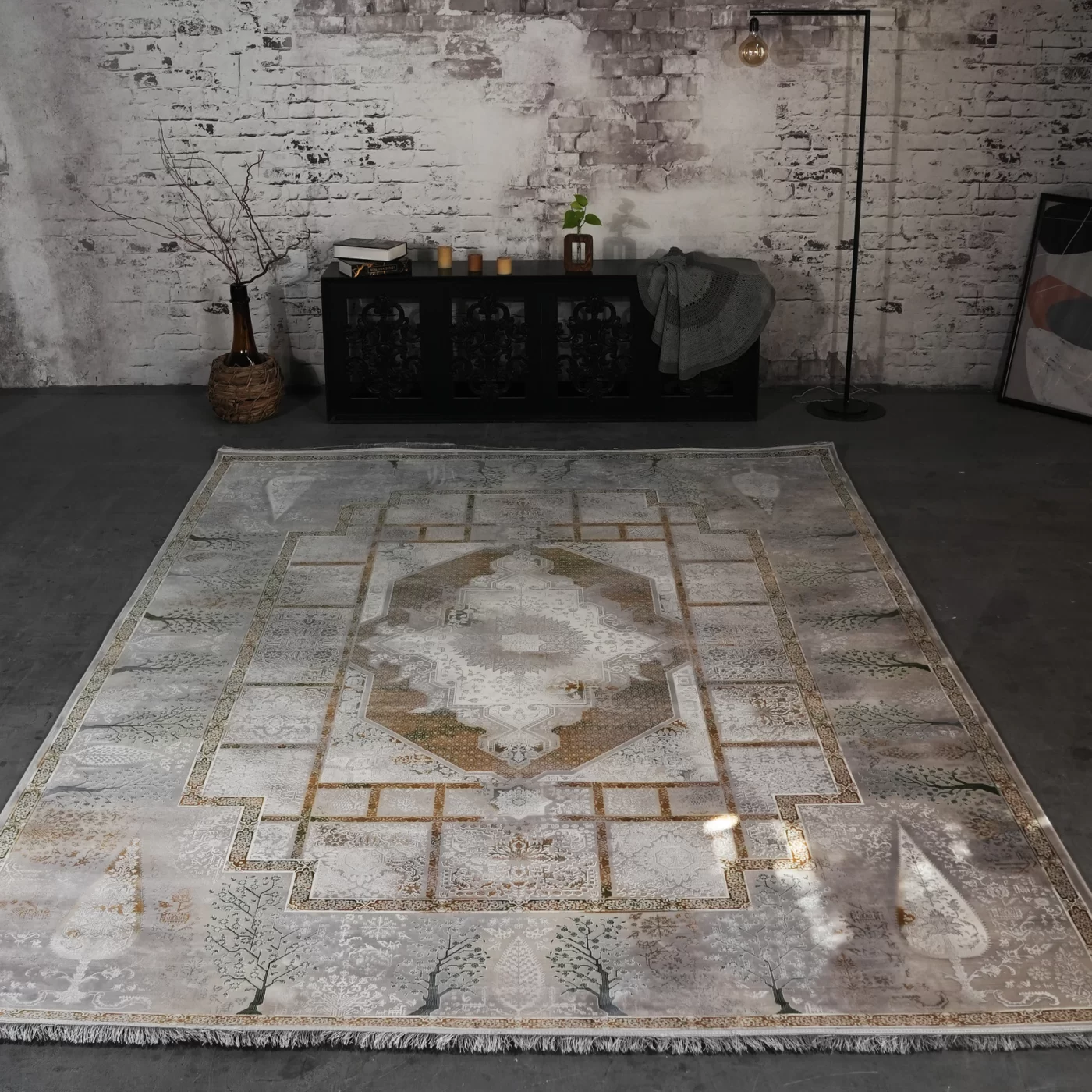 فرش ماشینی 1200 شانه تراکم 3600 گل برجسته طرح سپیدار بژ