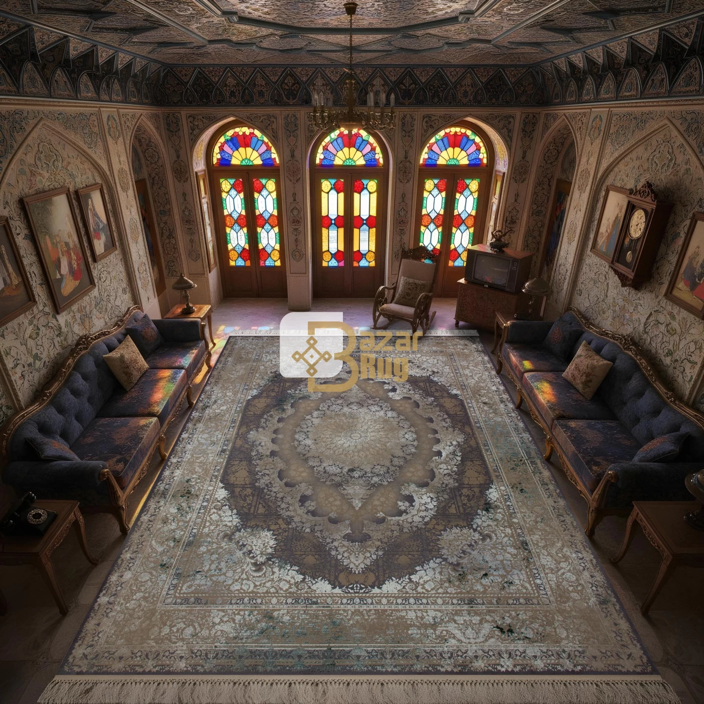 فرش ماشینی 1200 شانه تراکم 3600 گل برجسته طرح توسکا دلفینی