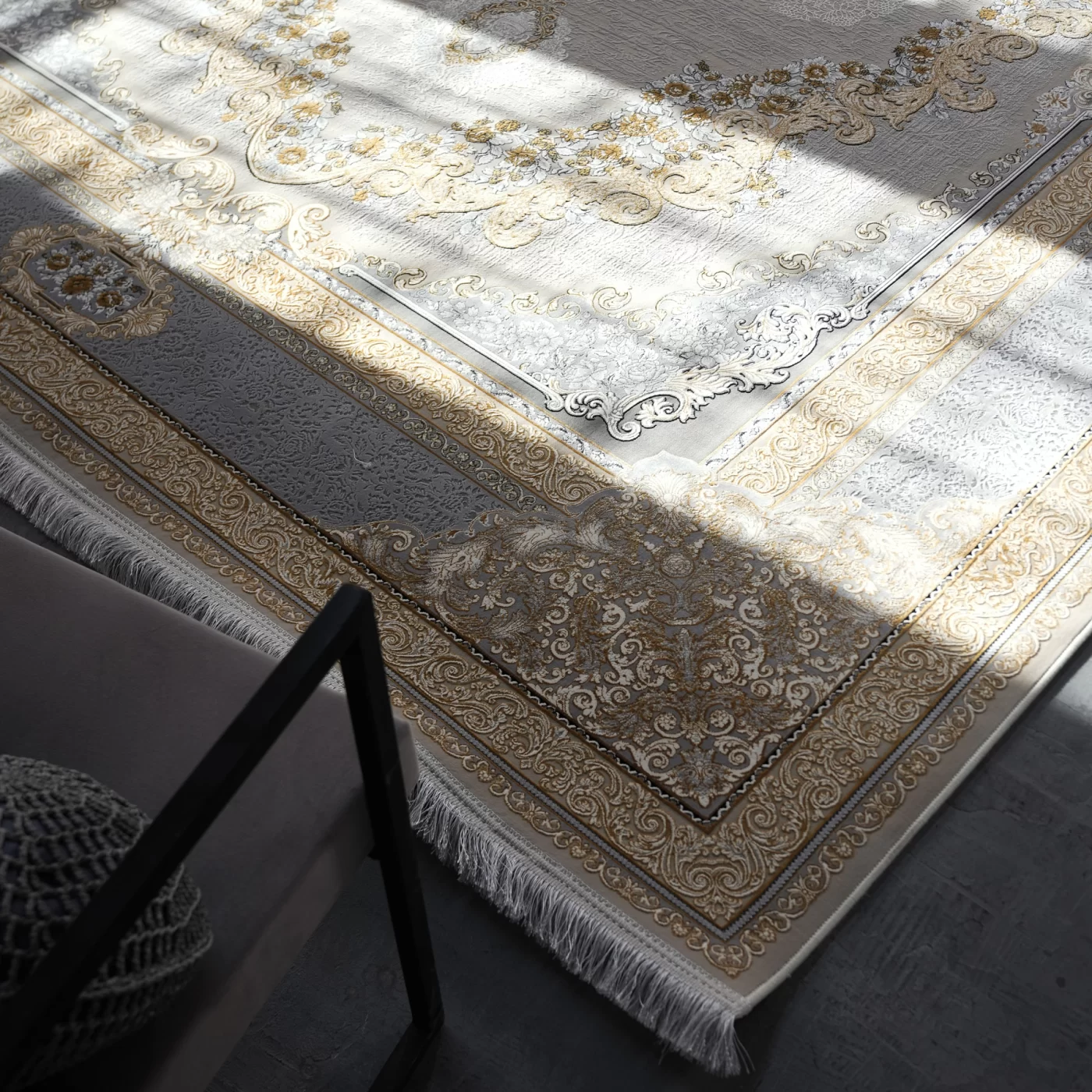 فرش ماشینی 1200 شانه تراکم 3600 گل برجسته طرح ویکتوریا بژ