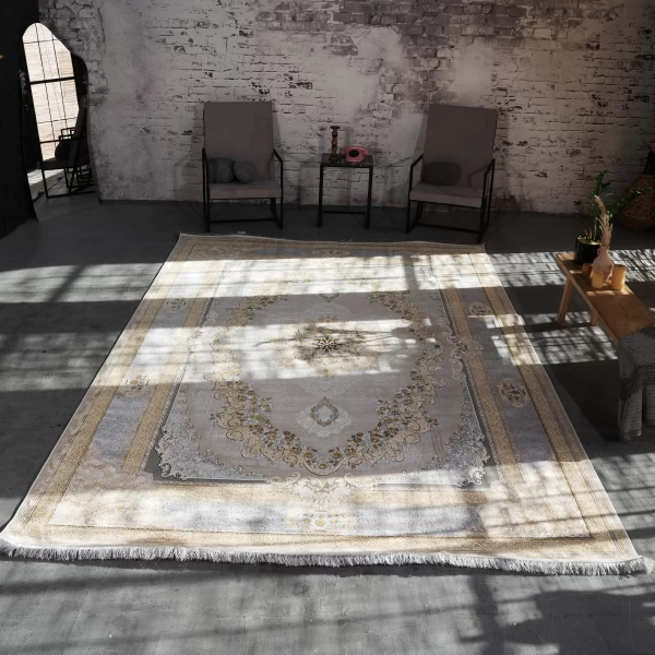 فرش ماشینی 1200 شانه تراکم 3600 گل برجسته طرح ویکتوریا بژ