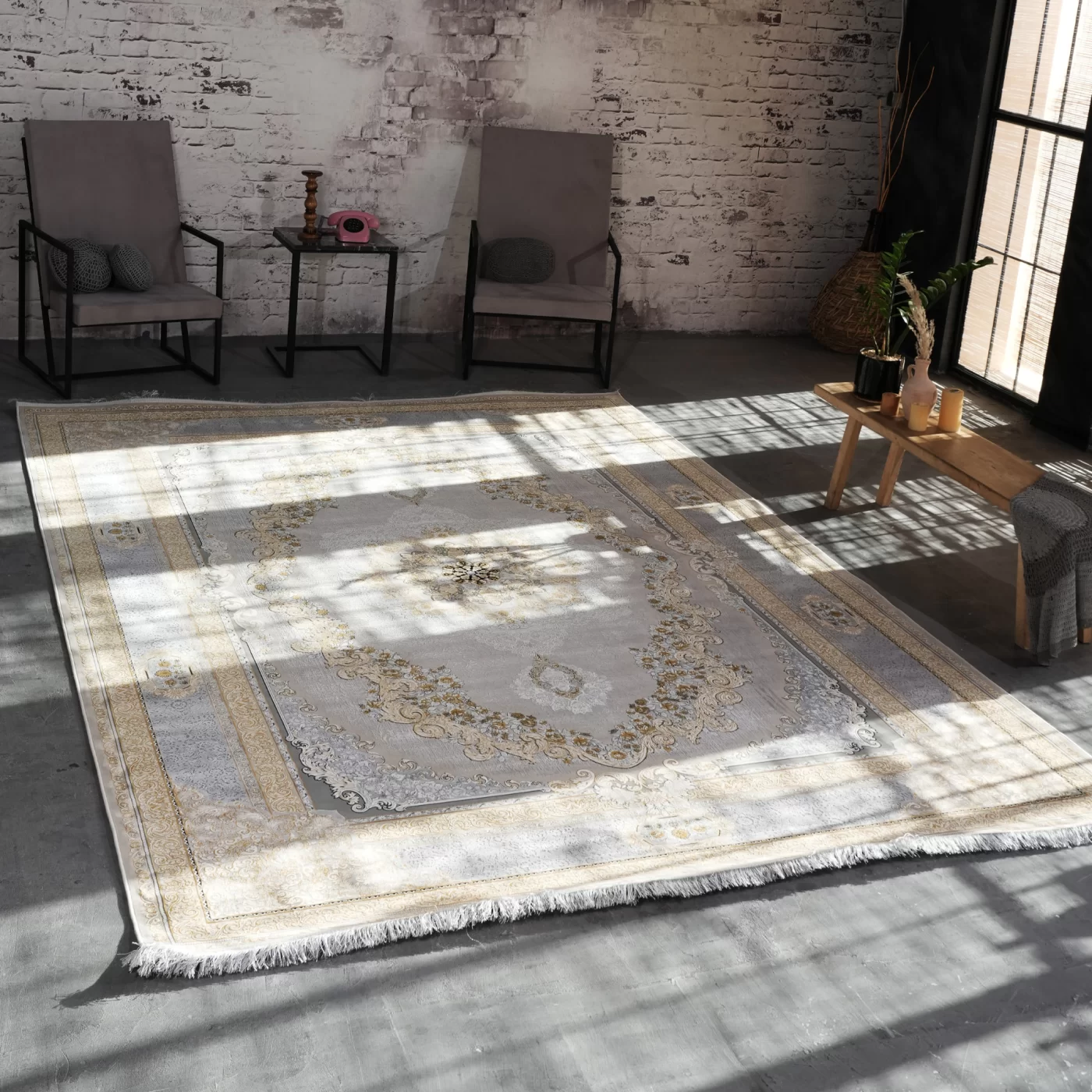 فرش ماشینی 1200 شانه تراکم 3600 گل برجسته طرح ویکتوریا بژ