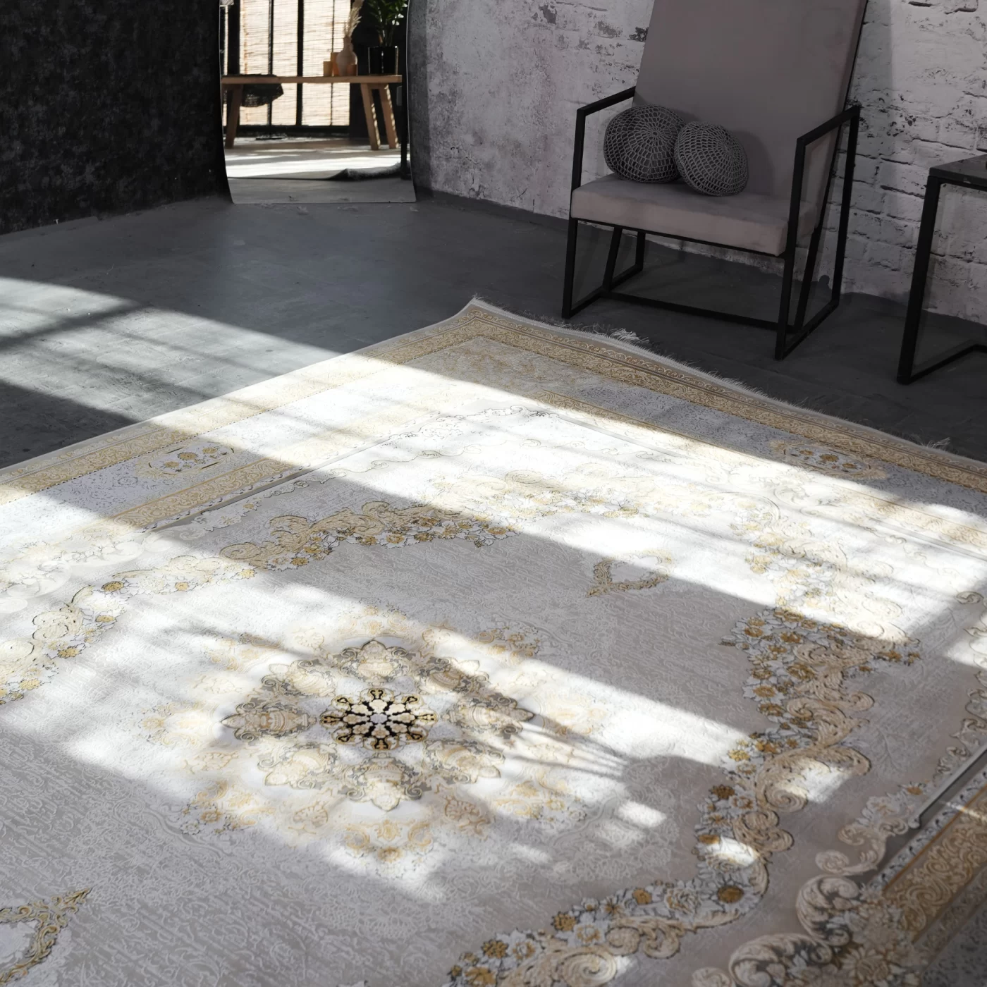 فرش ماشینی 1200 شانه تراکم 3600 گل برجسته طرح ویکتوریا بژ