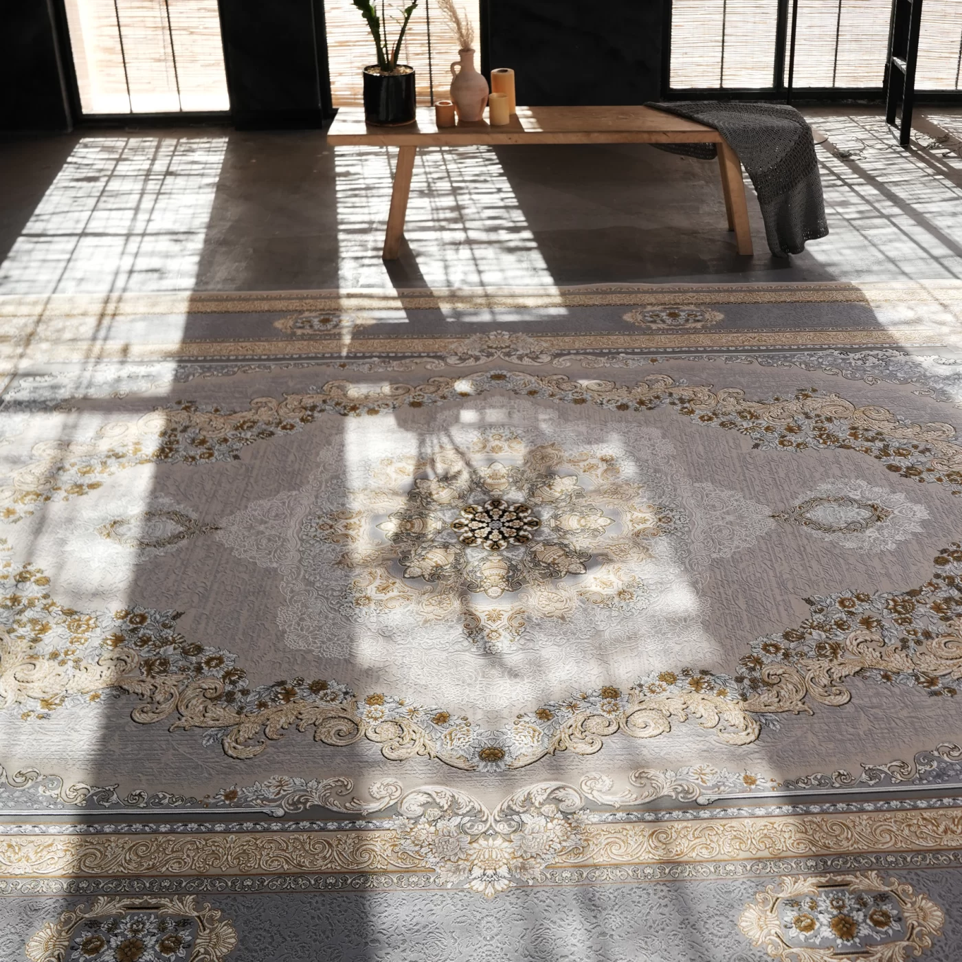 فرش ماشینی 1200 شانه تراکم 3600 گل برجسته طرح ویکتوریا بژ