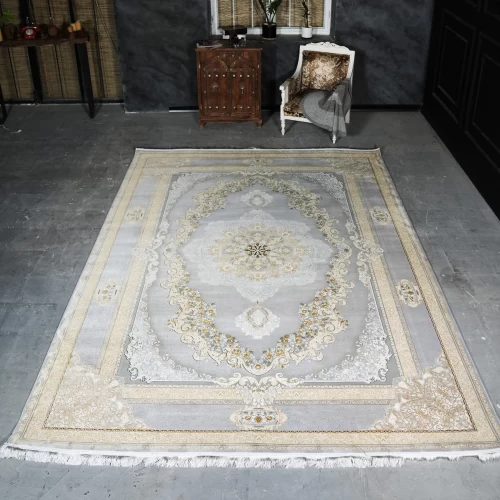 فرش ماشینی 1200 شانه تراکم 3600 گل برجسته طرح ویکتوریا نقره ای