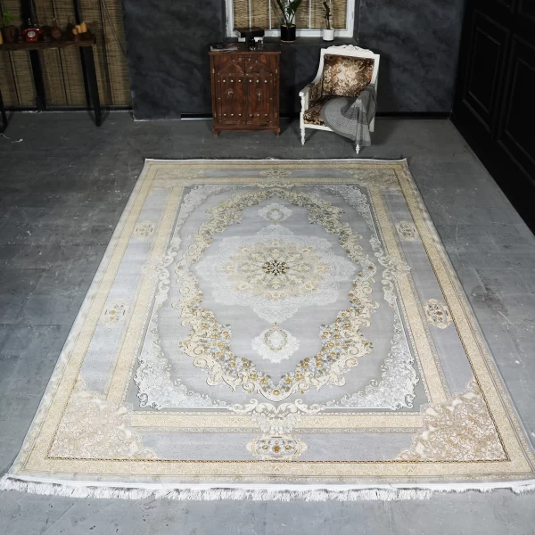 فرش ماشینی 1200 شانه تراکم 3600 گل برجسته طرح ویکتوریا نقره ای