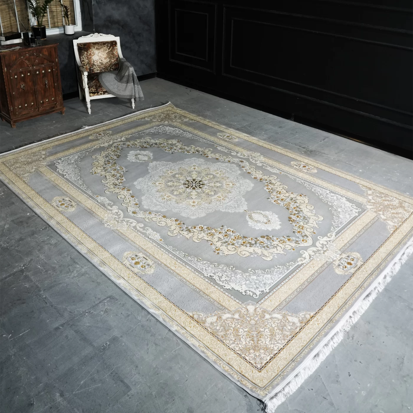 فرش ماشینی 1200 شانه تراکم 3600 گل برجسته طرح ویکتوریا نقره ای