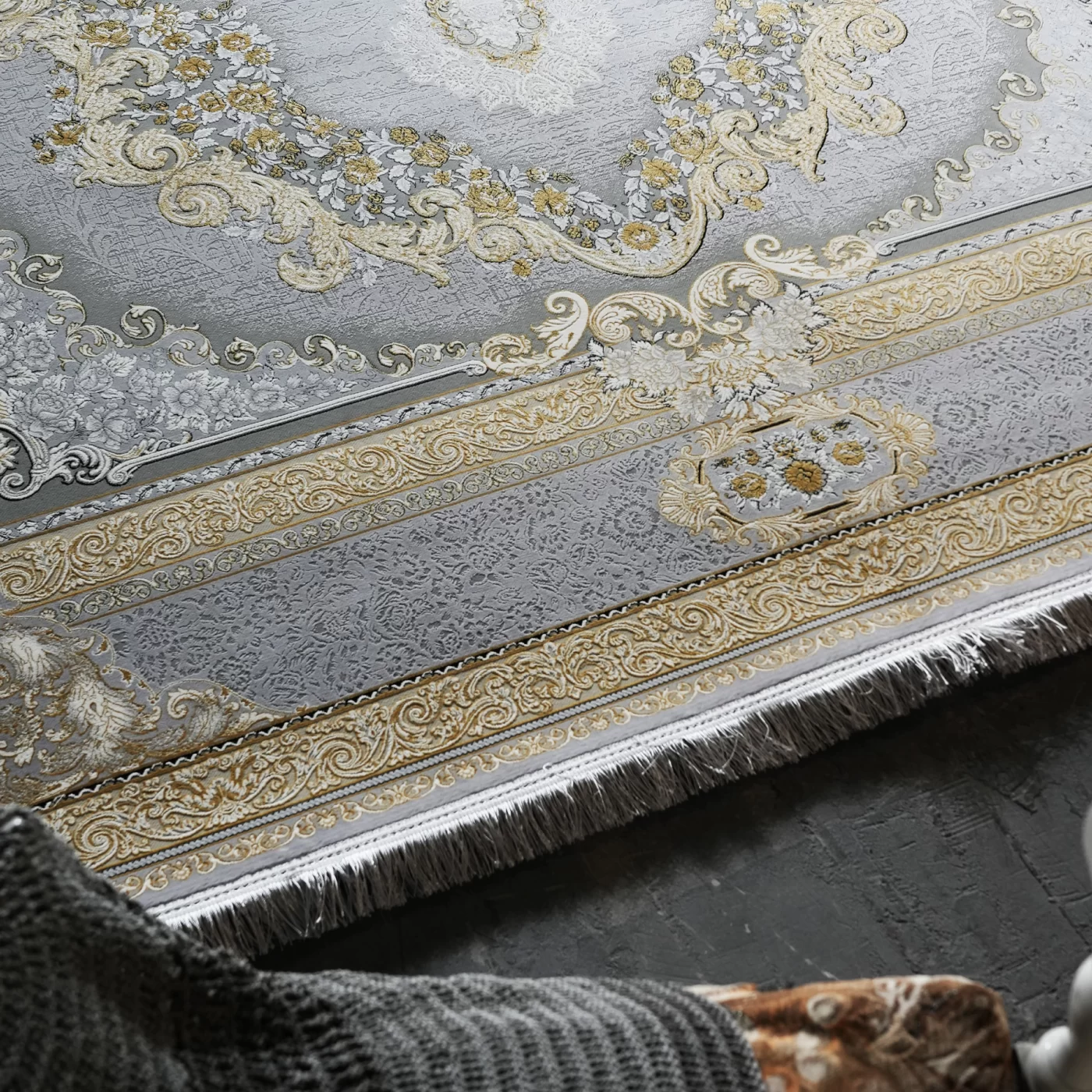 فرش ماشینی 1200 شانه تراکم 3600 گل برجسته طرح ویکتوریا نقره ای