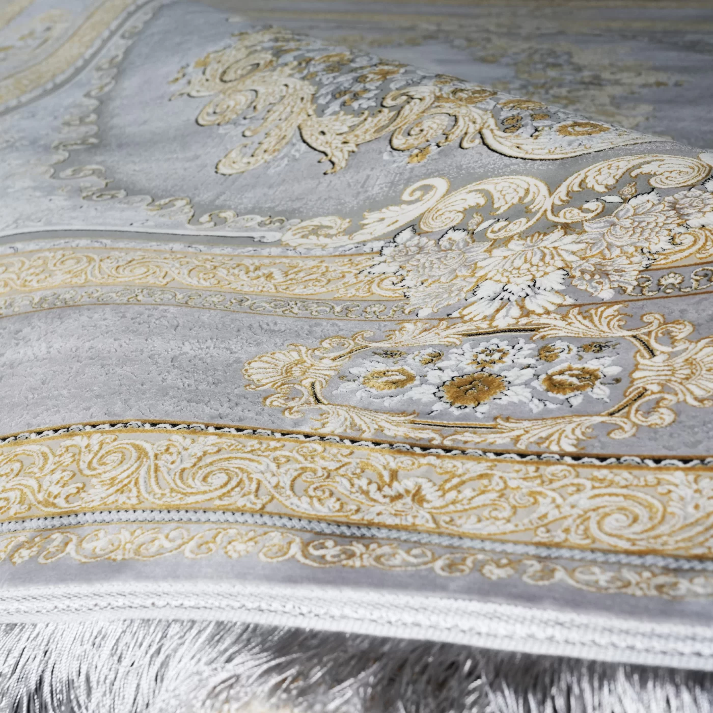 فرش ماشینی 1200 شانه تراکم 3600 گل برجسته طرح ویکتوریا نقره ای