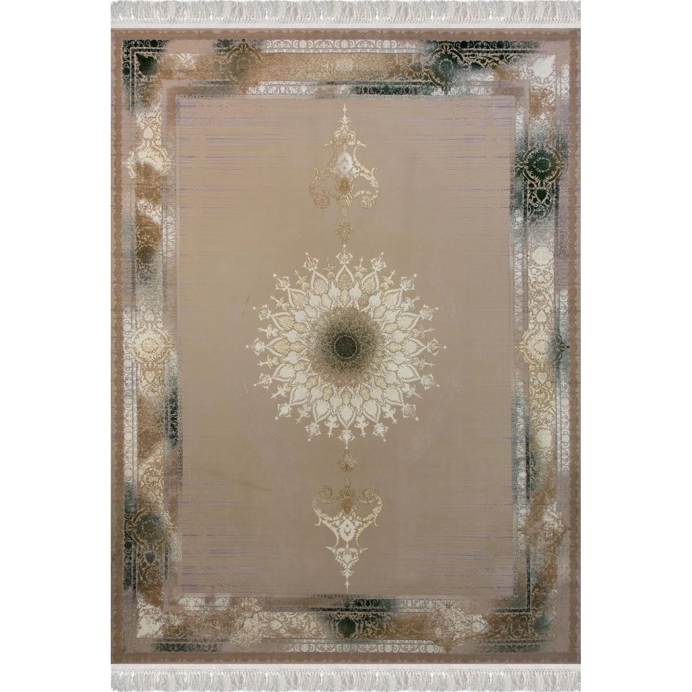 فرش ماشینی ۱۲۰۰ شانه تراکم ۳۶۰۰ گل برجسته طرح ویکتوریا صدفی سبز