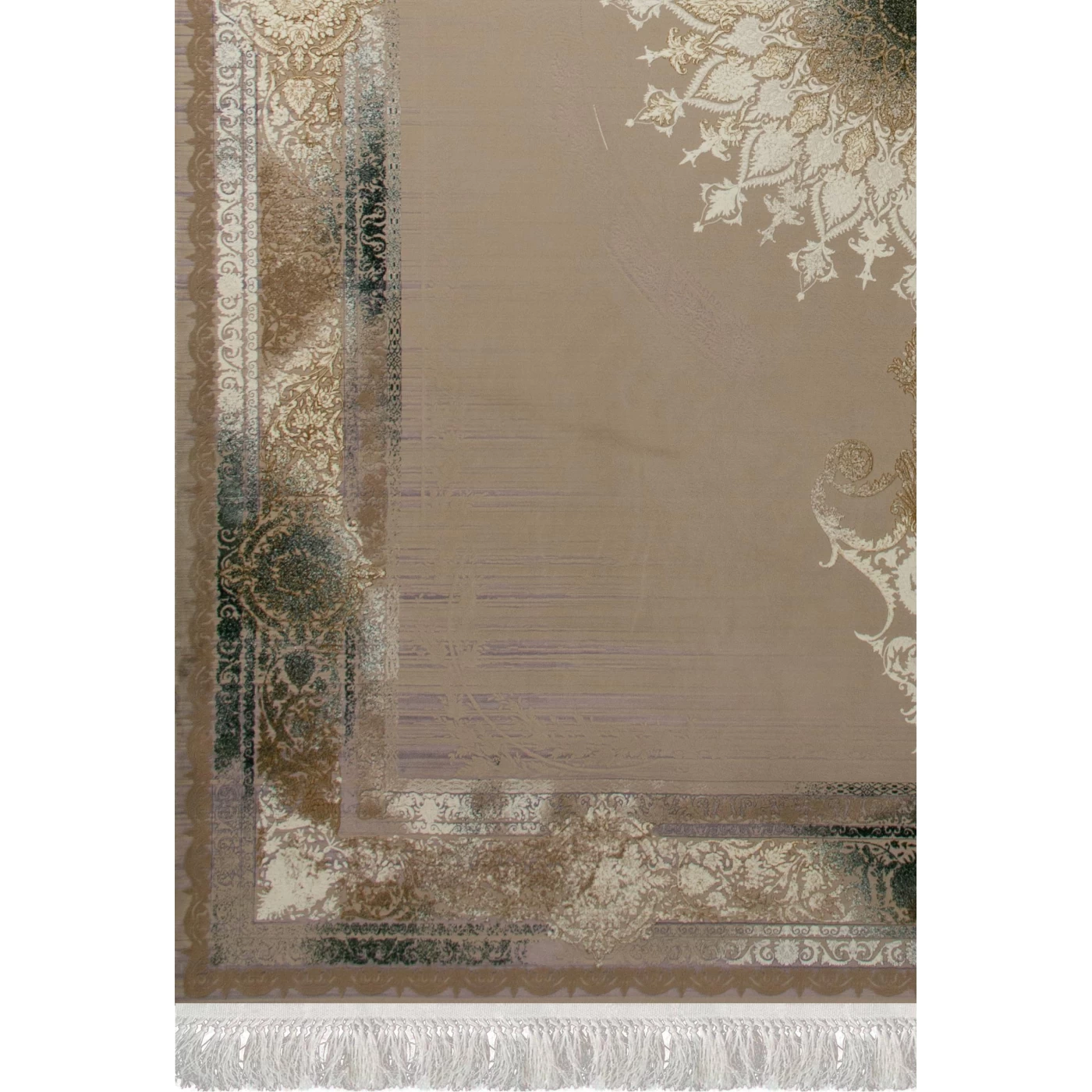 فرش ماشینی ۱۲۰۰ شانه تراکم ۳۶۰۰ گل برجسته طرح ویکتوریا صدفی سبز