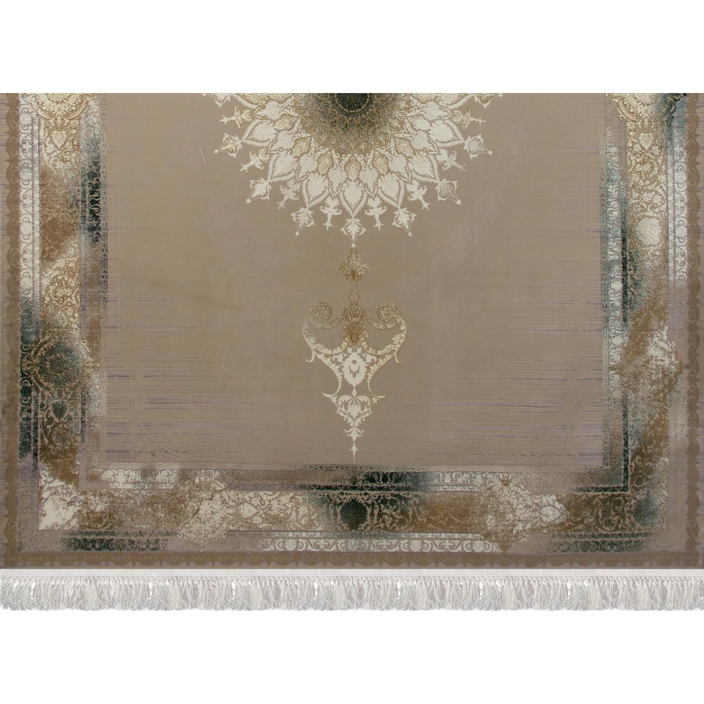 فرش ماشینی ۱۲۰۰ شانه تراکم ۳۶۰۰ گل برجسته طرح ویکتوریا صدفی سبز