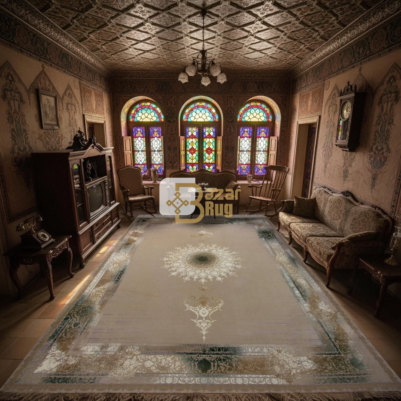 فرش ماشینی ۱۲۰۰ شانه تراکم ۳۶۰۰ گل برجسته طرح ویکتوریا صدفی سبز