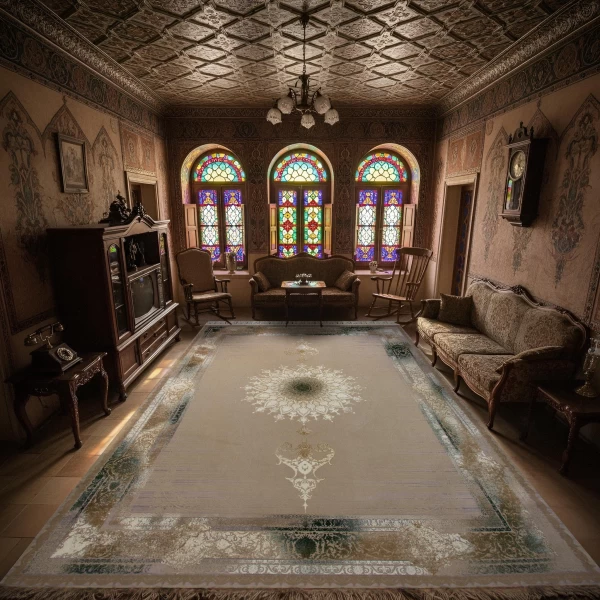 فرش ماشینی ۱۲۰۰ شانه تراکم ۳۶۰۰ گل برجسته طرح ویکتوریا صدفی سبز