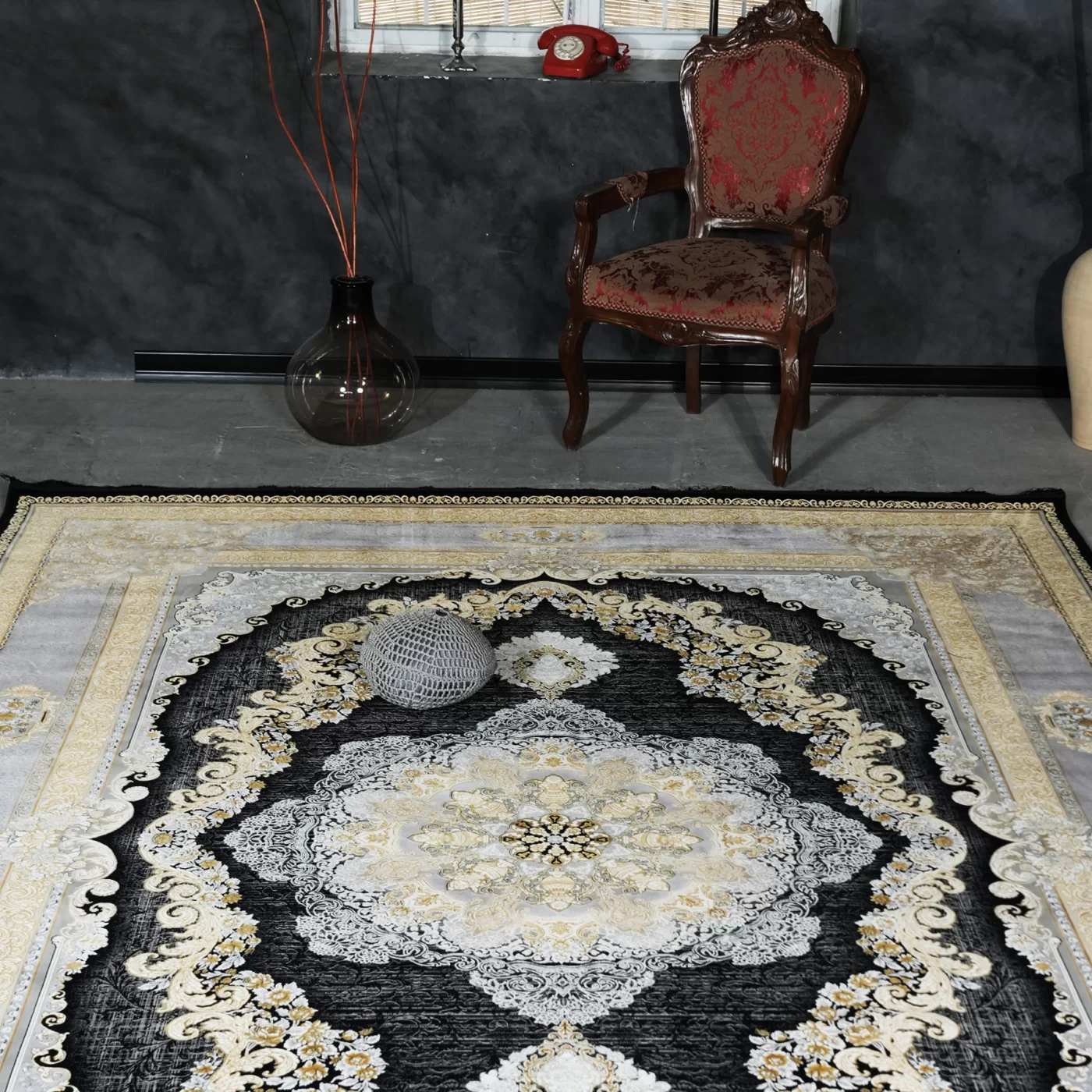 فرش ماشینی 1200 شانه تراکم 3600 گل برجسته طرح ویکتوریا سرمه ای