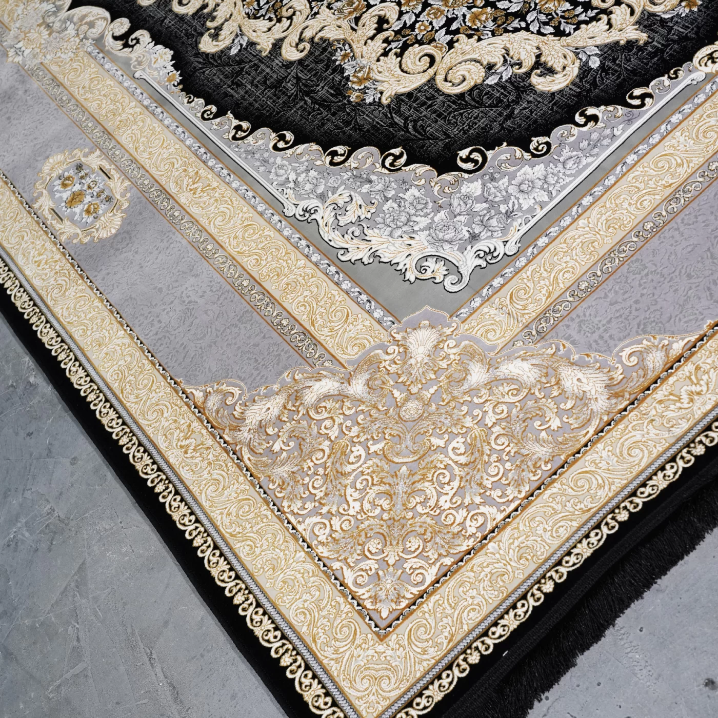 فرش ماشینی 1200 شانه تراکم 3600 گل برجسته طرح ویکتوریا سرمه ای