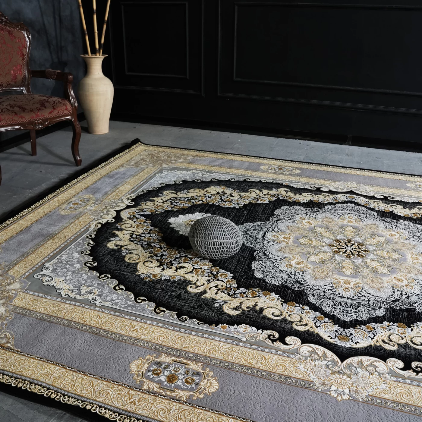 فرش ماشینی 1200 شانه تراکم 3600 گل برجسته طرح ویکتوریا سرمه ای