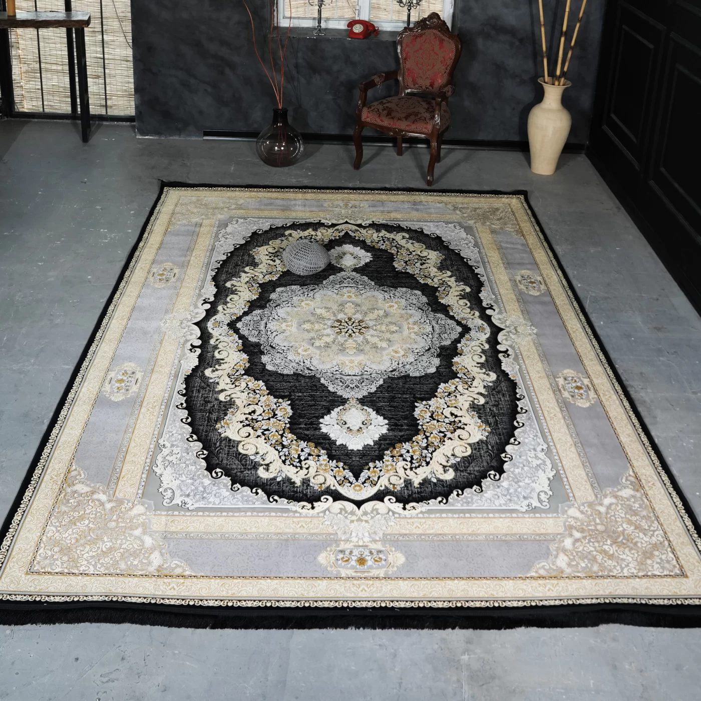 فرش ماشینی 1200 شانه تراکم 3600 گل برجسته طرح ویکتوریا سرمه ای