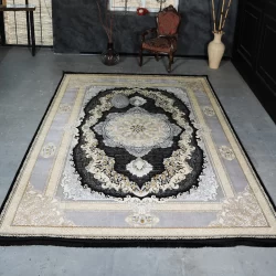 فرش ماشینی 1200 شانه تراکم 3600 گل برجسته طرح ویکتوریا سرمه ای - بازارفرش - فرش 1200 شانه