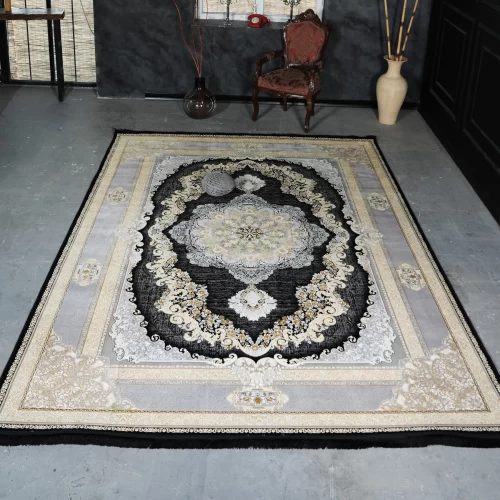 فرش ماشینی 1200 شانه تراکم 3600 گل برجسته طرح ویکتوریا سرمه ای