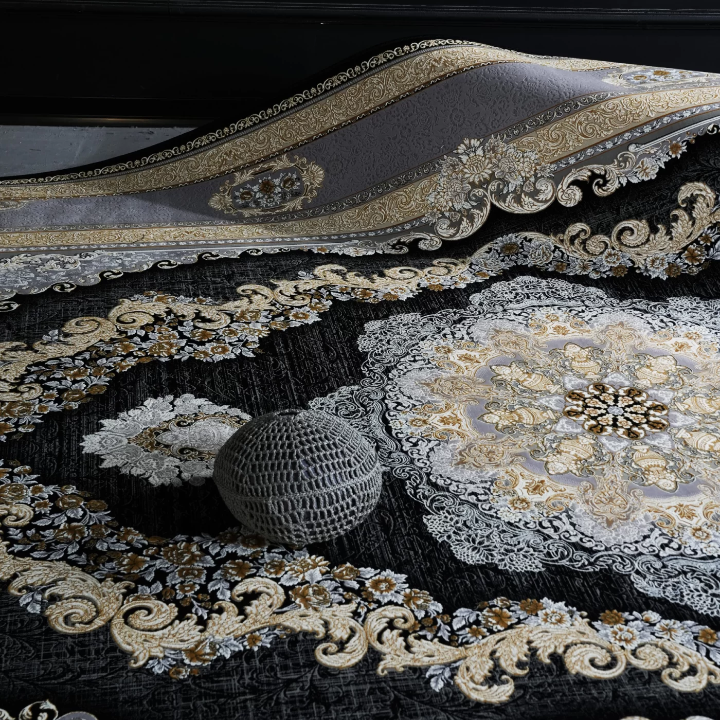 فرش ماشینی 1200 شانه تراکم 3600 گل برجسته طرح ویکتوریا سرمه ای