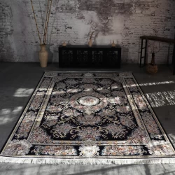 فرش ماشینی 1200 شانه تراکم 3600 گل برجسته طرح ویولت سرمه ای