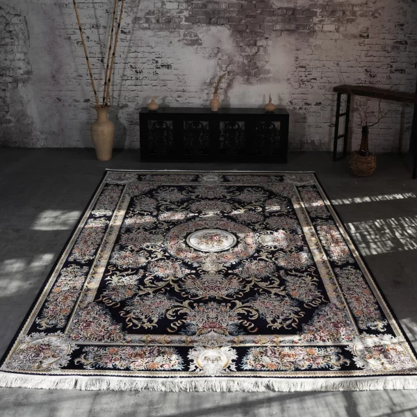 فرش ماشینی 1200 شانه تراکم 3600 گل برجسته طرح ویولت سرمه ای