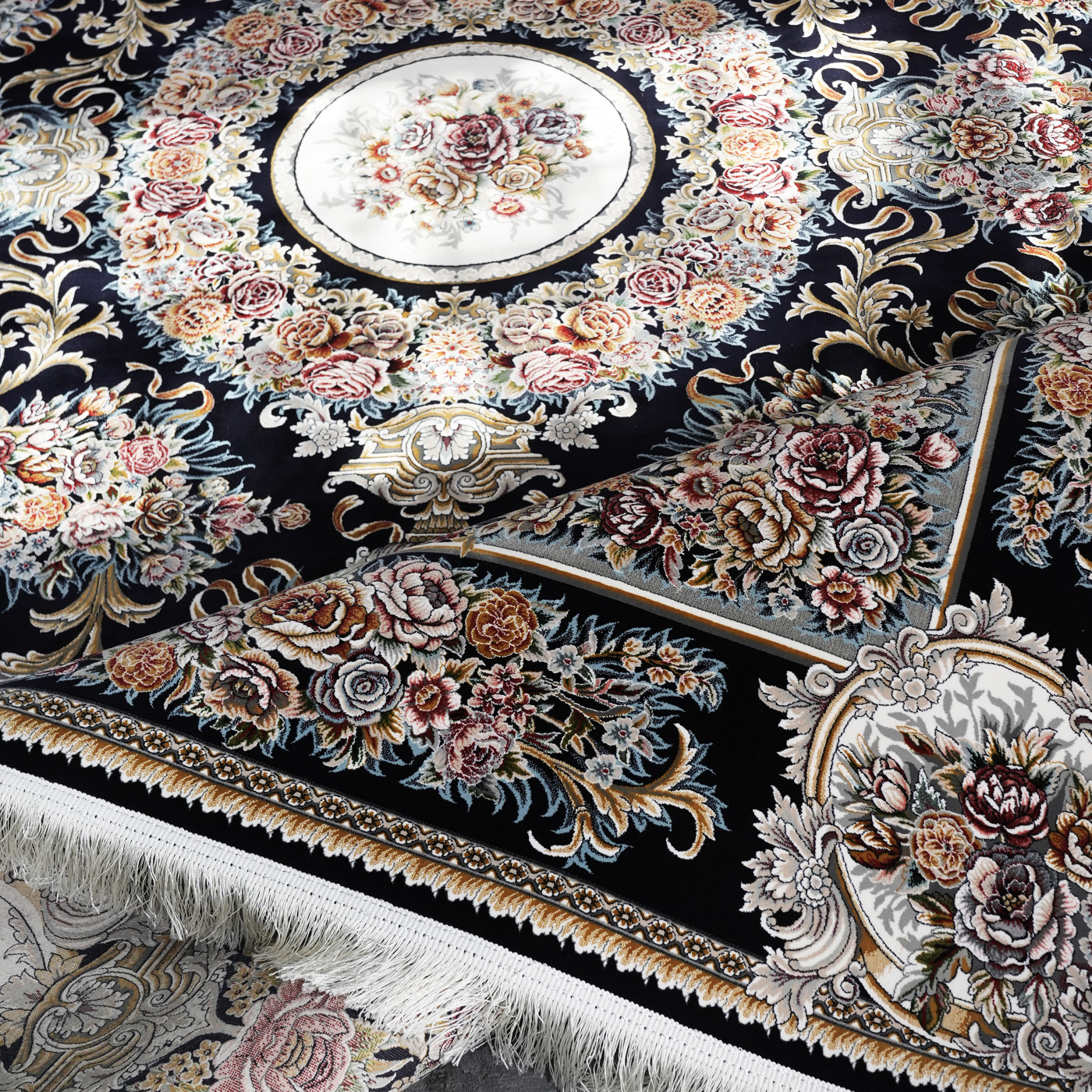 فرش ماشینی 1200 شانه تراکم 3600 گل برجسته طرح ویولت سرمه ای