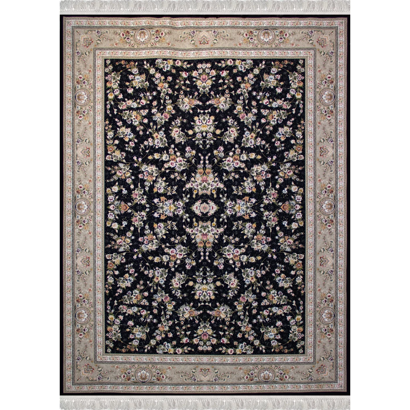 فرش ماشینی ۱۲۰۰ شانه تراکم ۳۶۰۰ گل برجسته طرح یاشار سرمه‌ ای