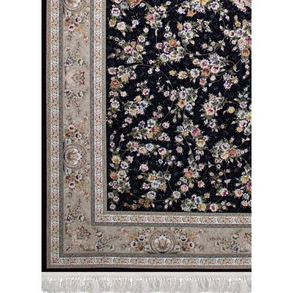 فرش ماشینی ۱۲۰۰ شانه تراکم ۳۶۰۰ گل برجسته طرح یاشار سرمه ای