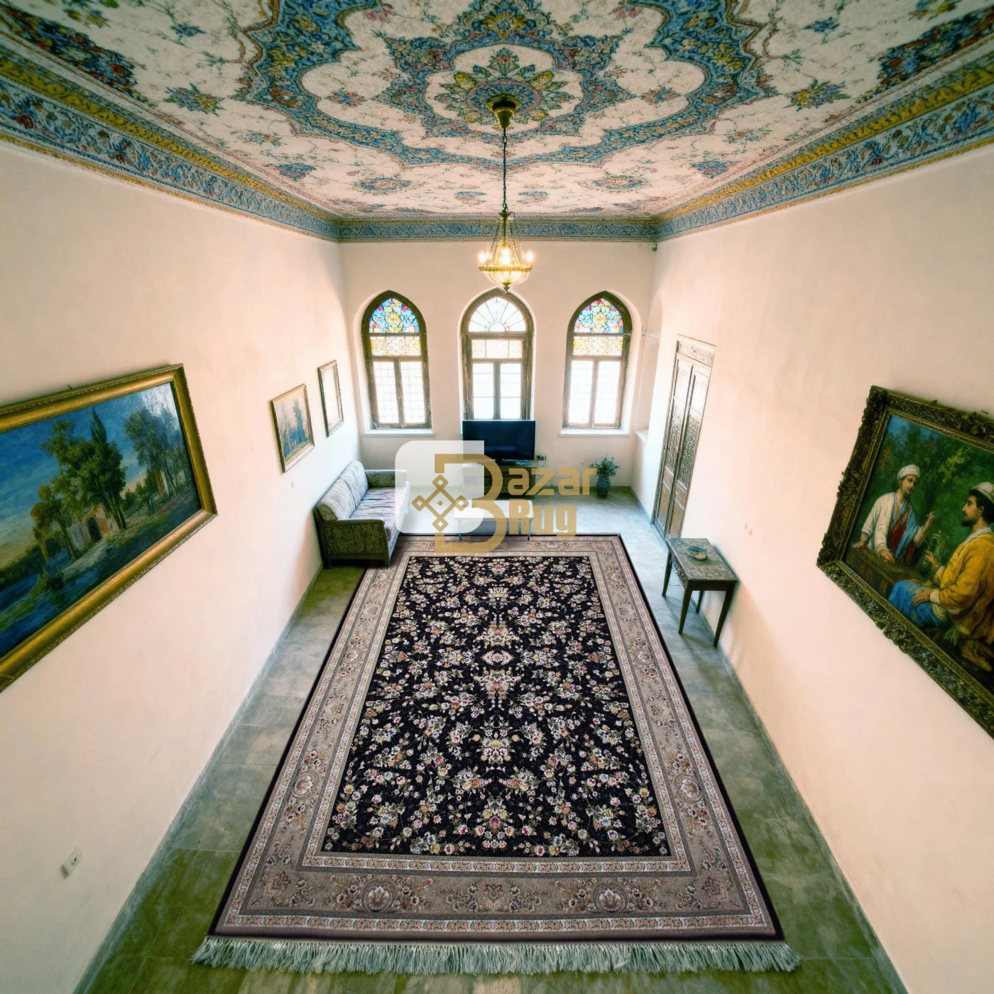 فرش ماشینی ۱۲۰۰ شانه تراکم ۳۶۰۰ گل برجسته طرح یاشار سرمه‌ ای