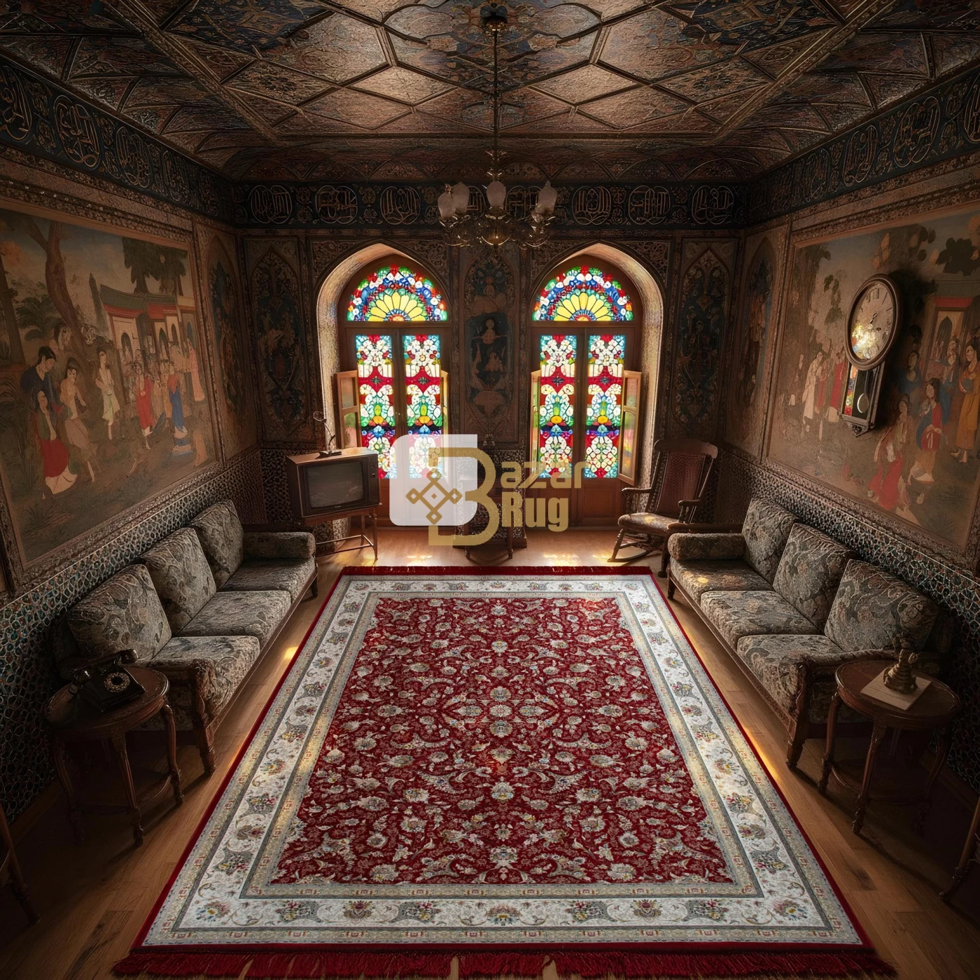 فرش ماشینی ۱۲۰۰ شانه تراکم ۳۶۰۰ گل برجسته طرح زرنگار لاکی