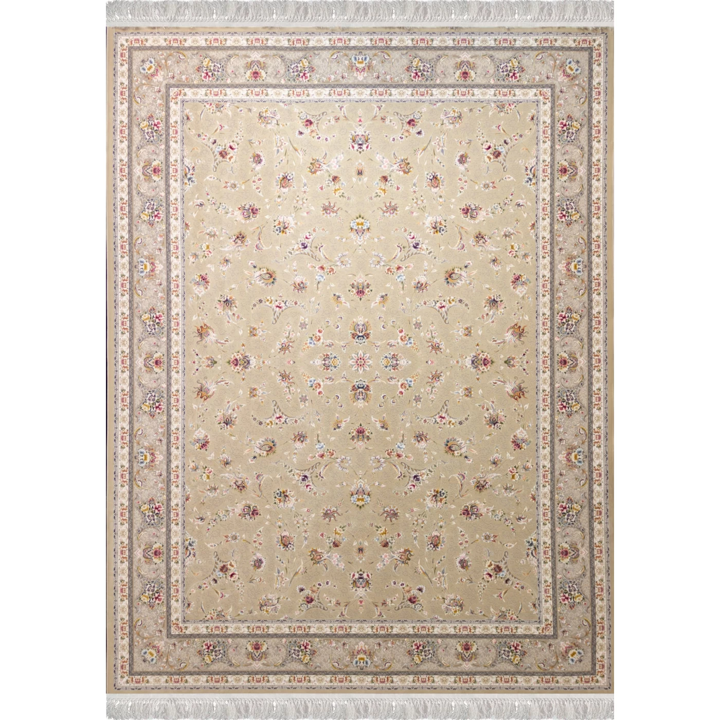 فرش ماشینی ۱۲۰۰ شانه تراکم ۳۶۰۰ گل برجسته طرح زرنگار نقره ای