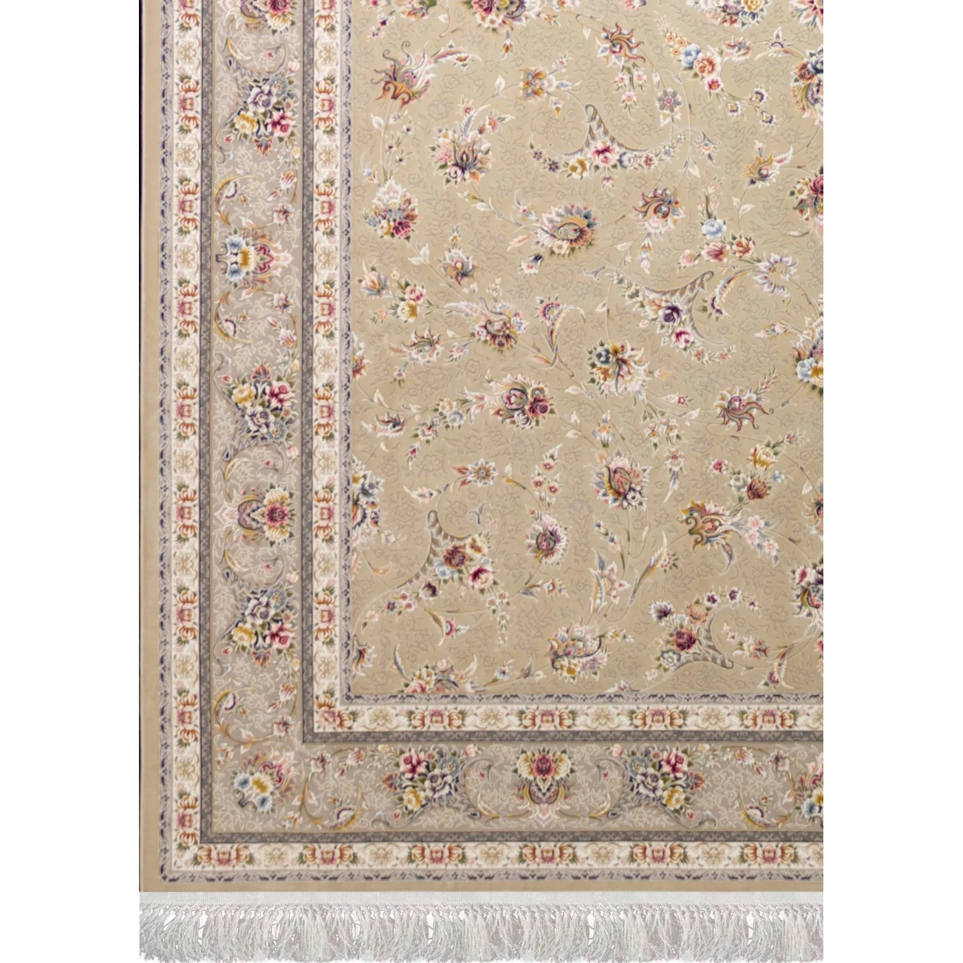 فرش ماشینی ۱۲۰۰ شانه تراکم ۳۶۰۰ گل برجسته طرح زرنگار نقره ای