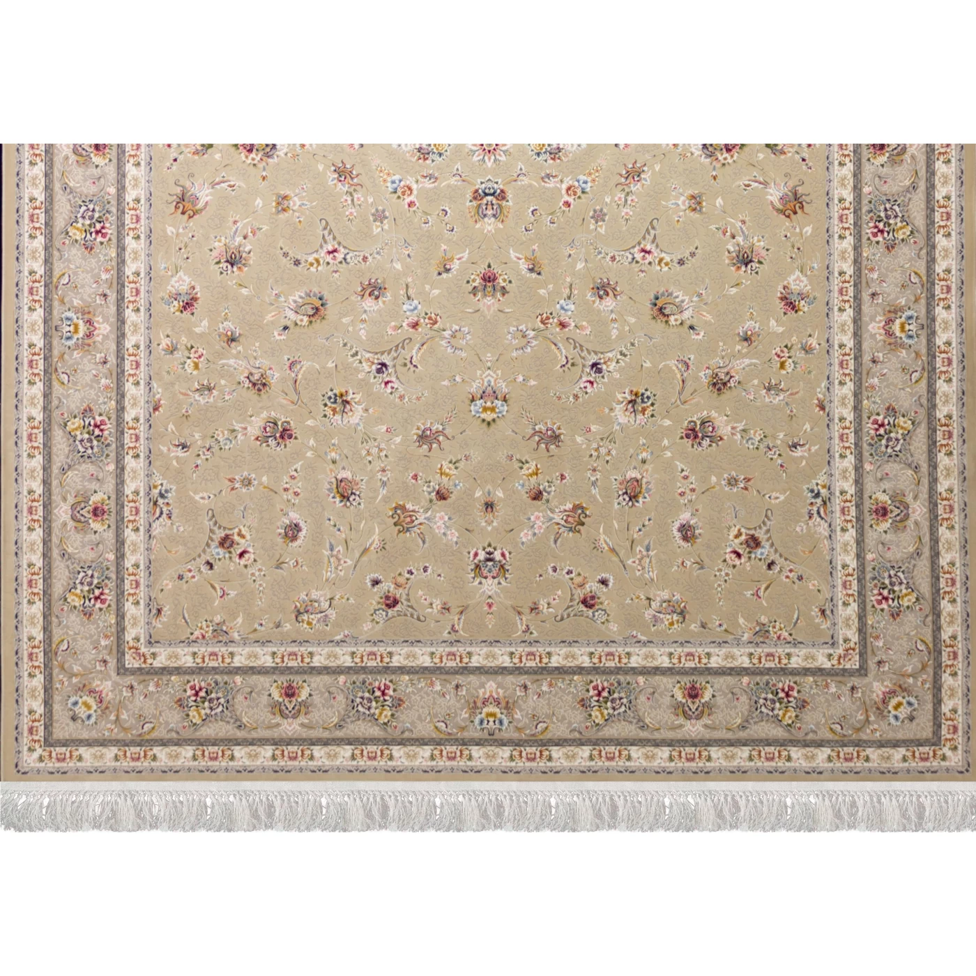 فرش ماشینی ۱۲۰۰ شانه تراکم ۳۶۰۰ گل برجسته طرح زرنگار نقره ای