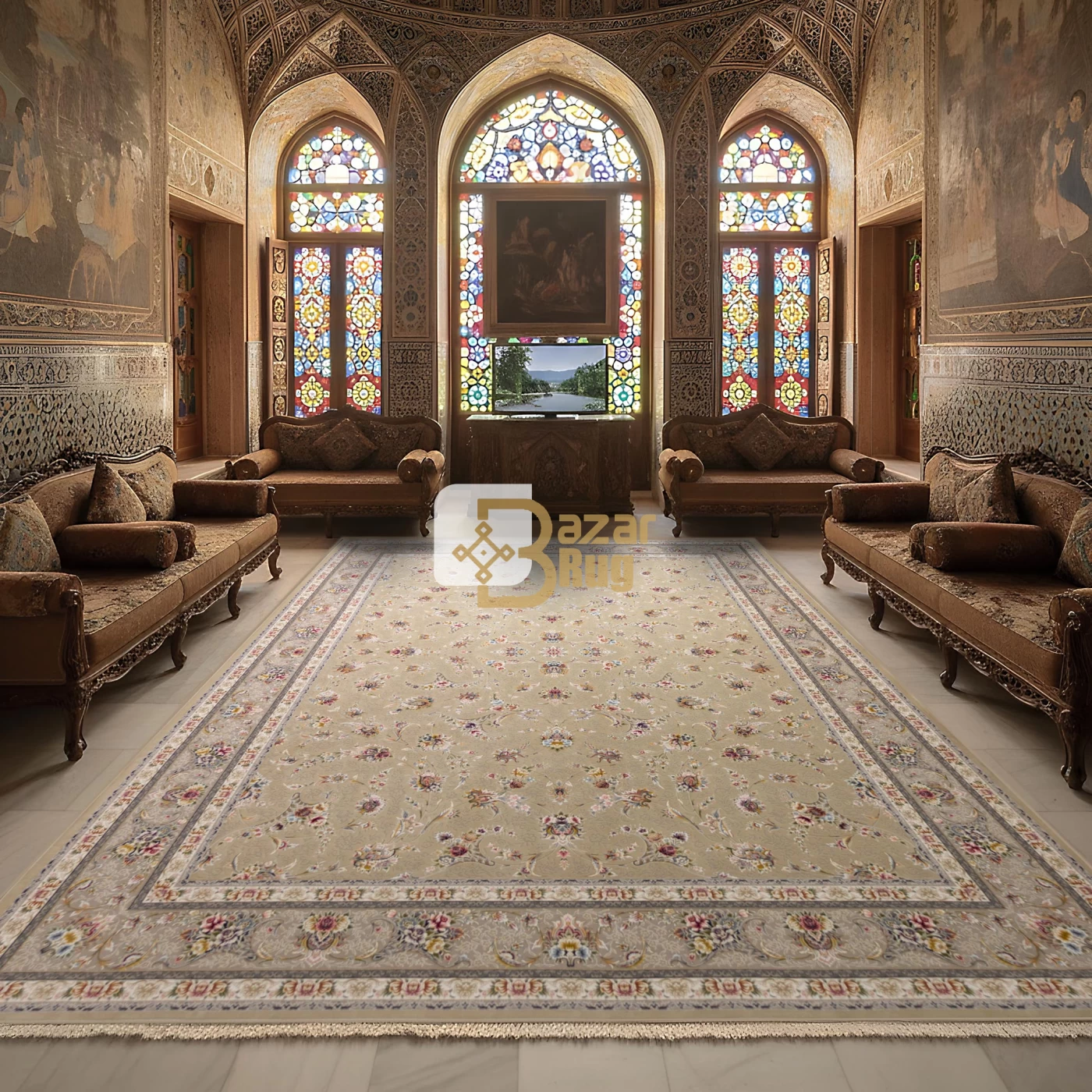 فرش ماشینی ۱۲۰۰ شانه تراکم ۳۶۰۰ گل برجسته طرح زرنگار نقره ای