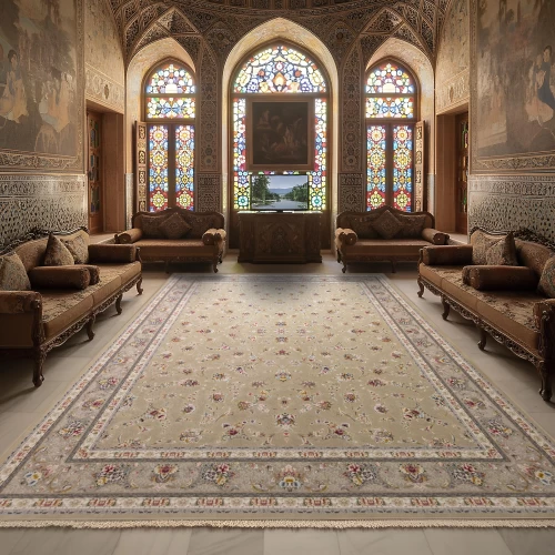 فرش ماشینی ۱۲۰۰ شانه تراکم ۳۶۰۰ گل برجسته طرح زرنگار نقره ای