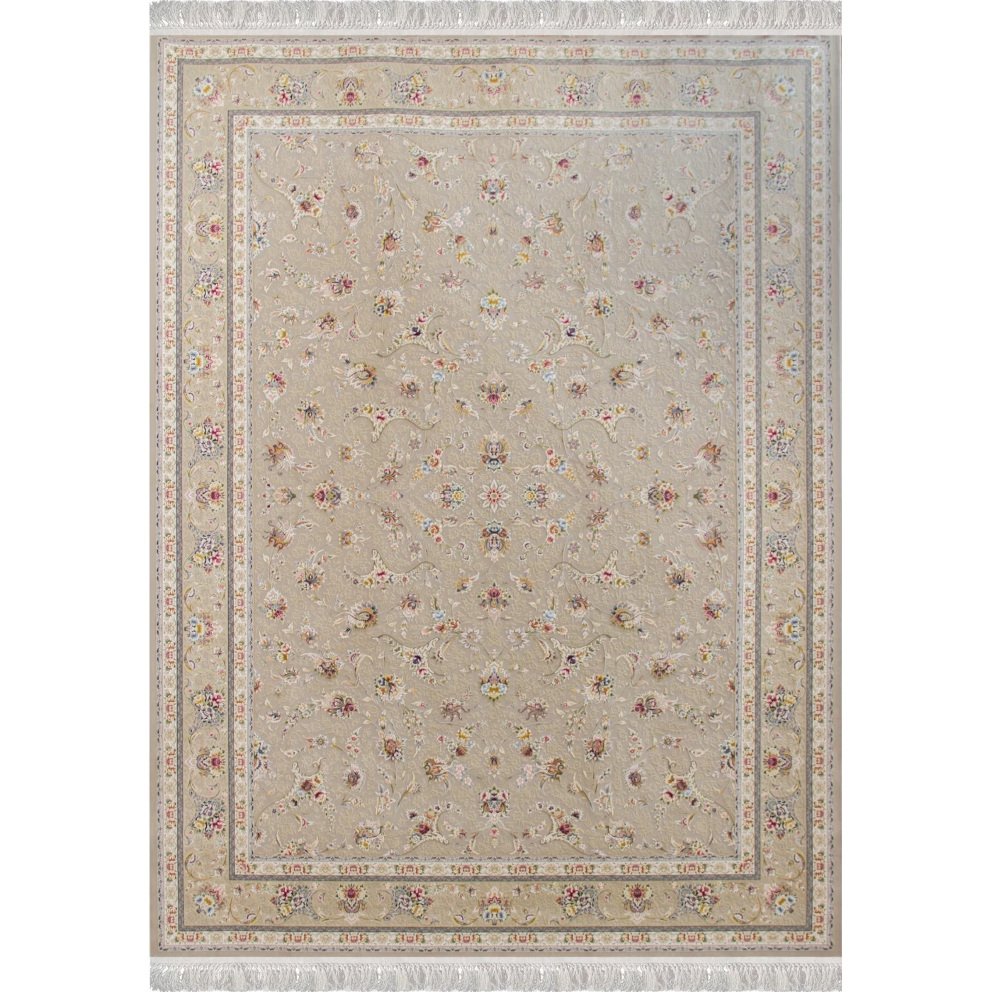 فرش ماشینی ۱۲۰۰ شانه تراکم ۳۶۰۰ گل برجسته طرح زرنگار بژ