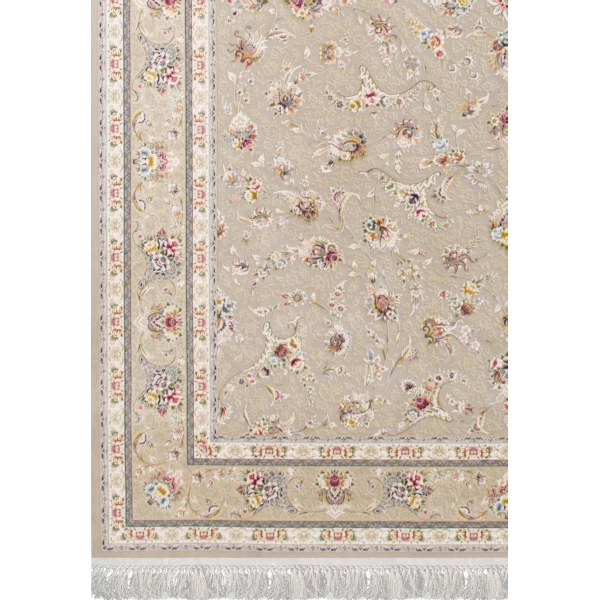 فرش ماشینی ۱۲۰۰ شانه تراکم ۳۶۰۰ گل برجسته طرح زرنگار بژ