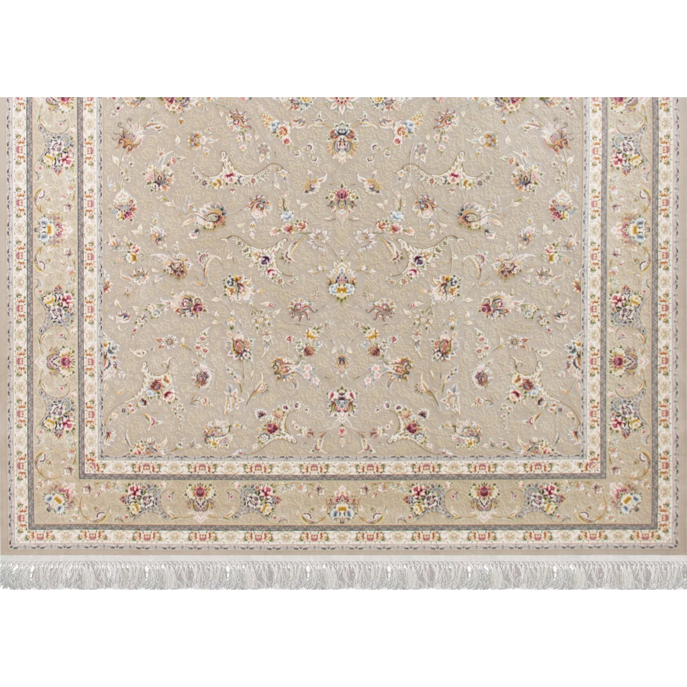 فرش ماشینی ۱۲۰۰ شانه تراکم ۳۶۰۰ گل برجسته طرح زرنگار بژ