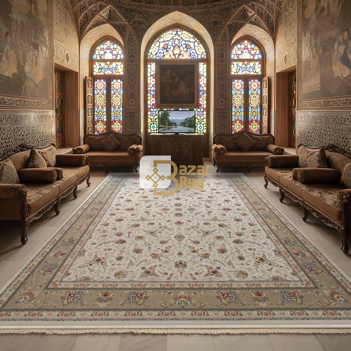 فرش ماشینی ۱۲۰۰ شانه تراکم ۳۶۰۰ گل برجسته طرح زرنگار کرم