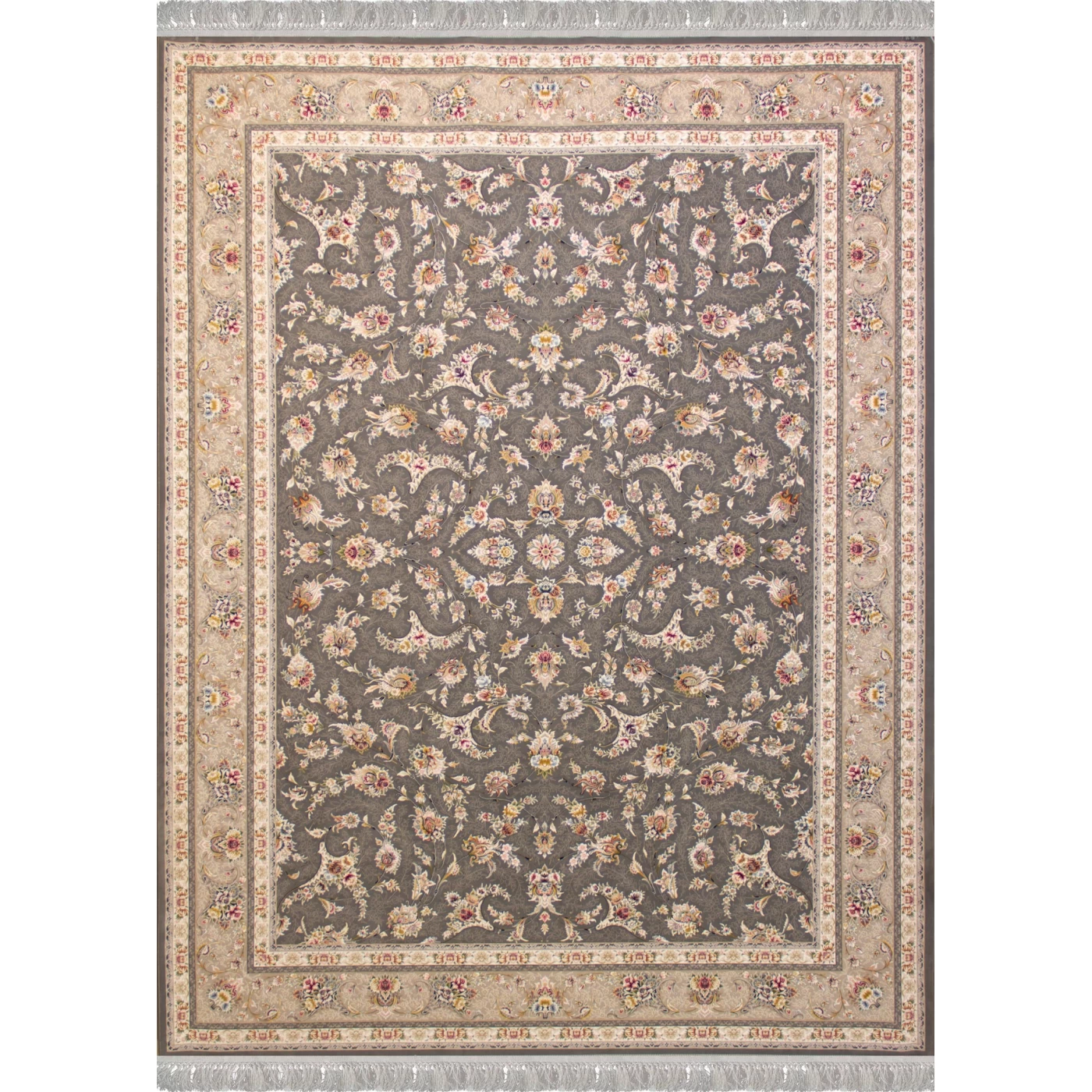 فرش ماشینی ۱۲۰۰ شانه تراکم ۳۶۰۰ گل برجسته طرح زرنگار دودی