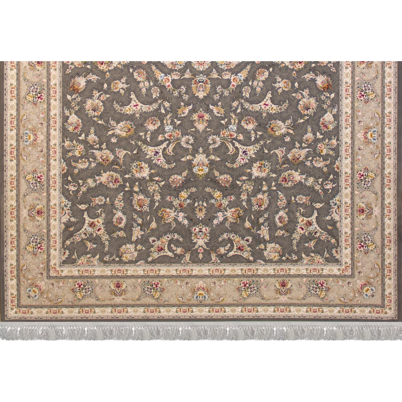 فرش ماشینی ۱۲۰۰ شانه تراکم ۳۶۰۰ گل برجسته طرح زرنگار دودی