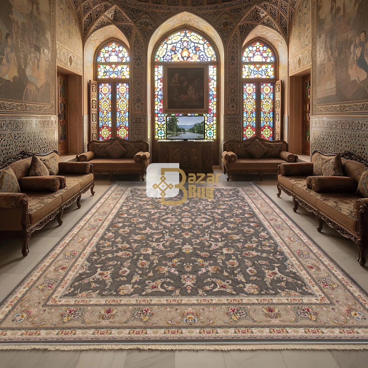 فرش ماشینی ۱۲۰۰ شانه تراکم ۳۶۰۰ گل برجسته طرح زرنگار دودی